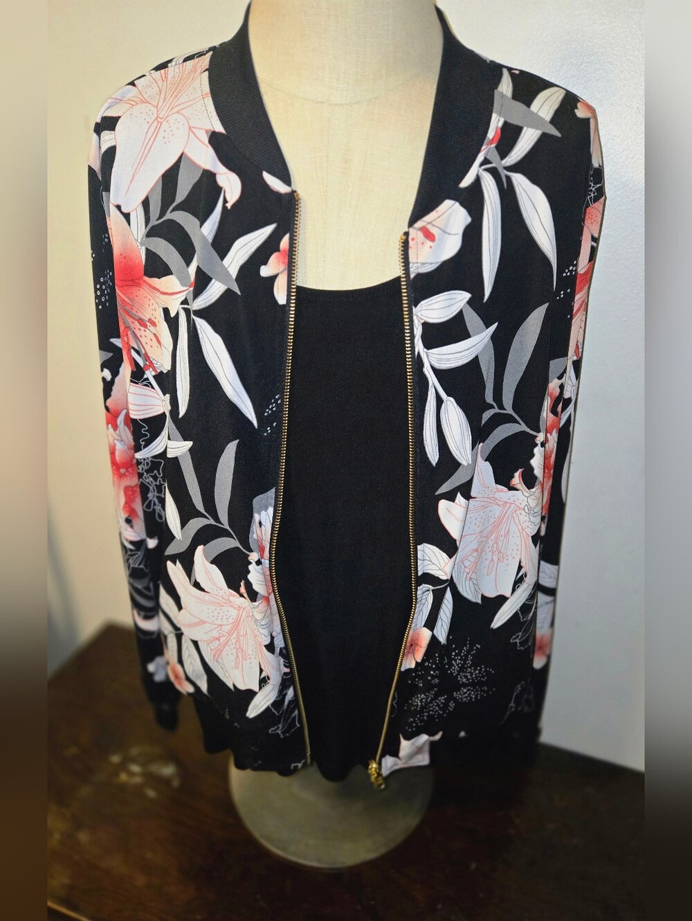 IMAN Floral Zip-Front Bomber Jacket - Black with Coral Floral LARGE